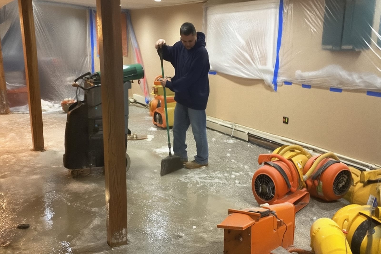 Technician operating extraction equipment with air movers and dehumidifiers in basement during water damage restoration