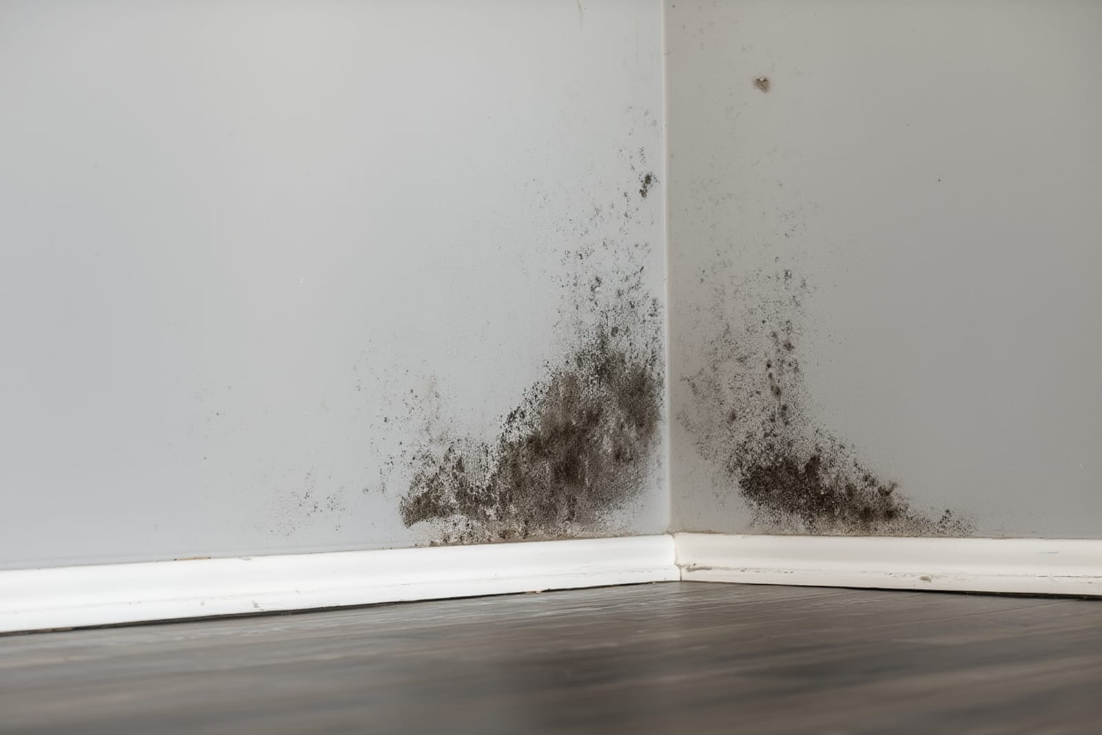 Black mold growth on drywall caused by a slow plumbing leak in an Austin home