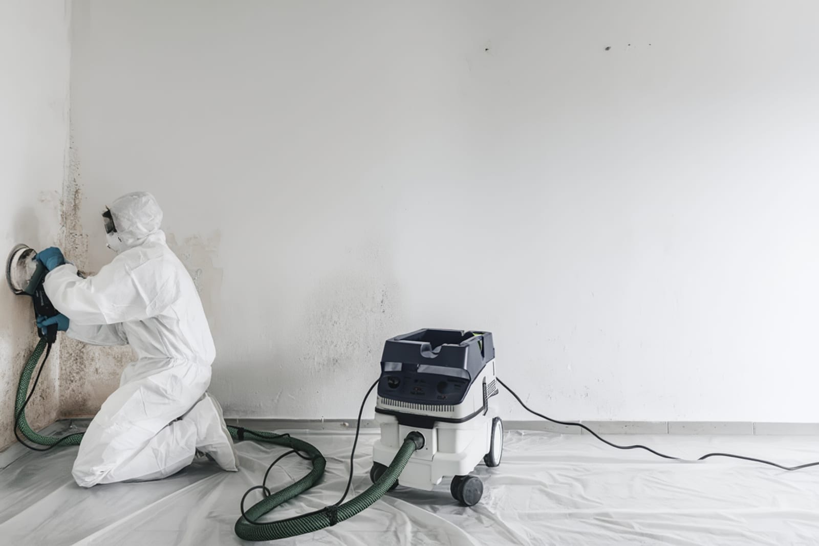 Remediation technician HEPA vacuuming wall framing inside a sealed containment zone during black mold removal