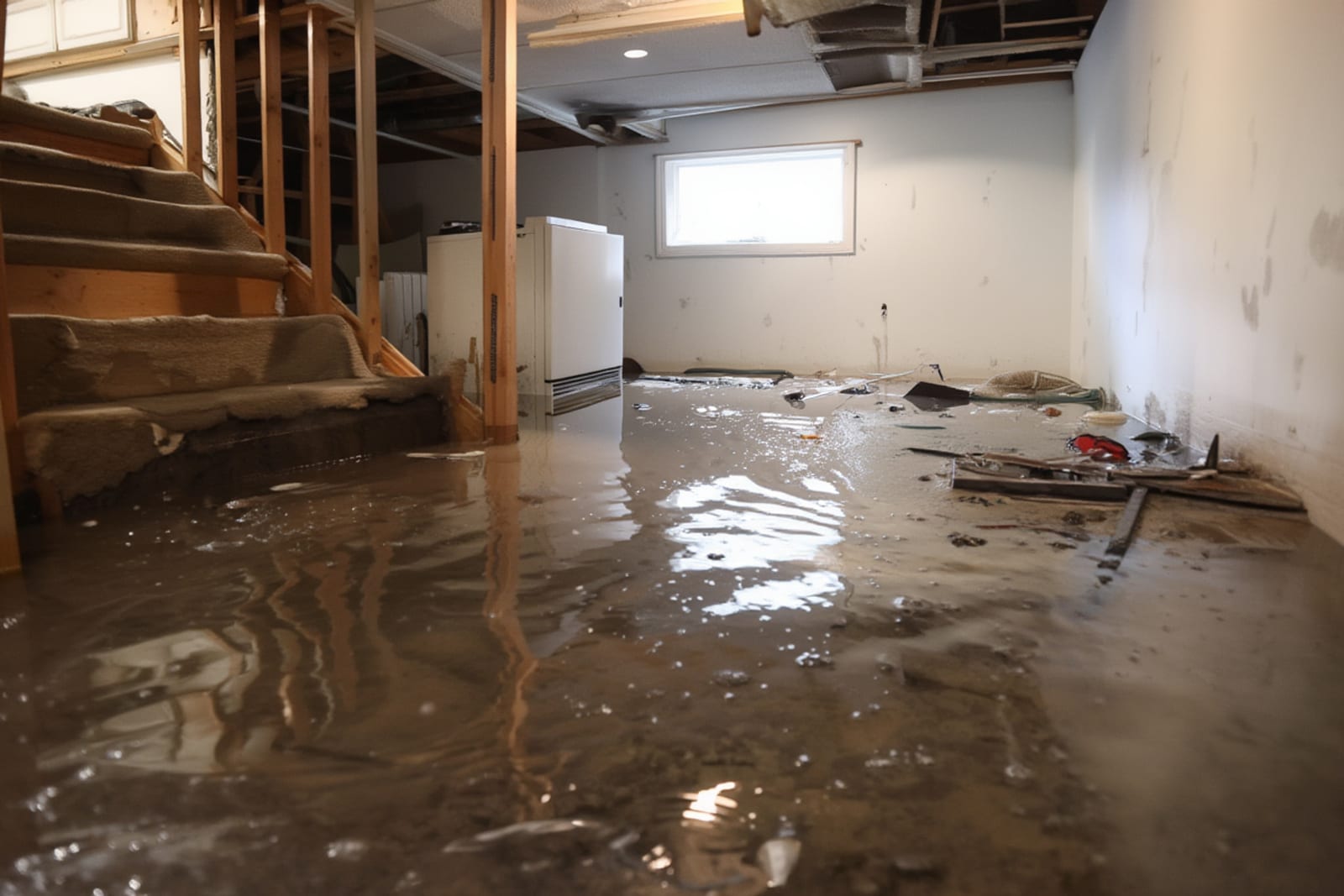 Flooded basement with standing water on concrete floor after plumbing failure