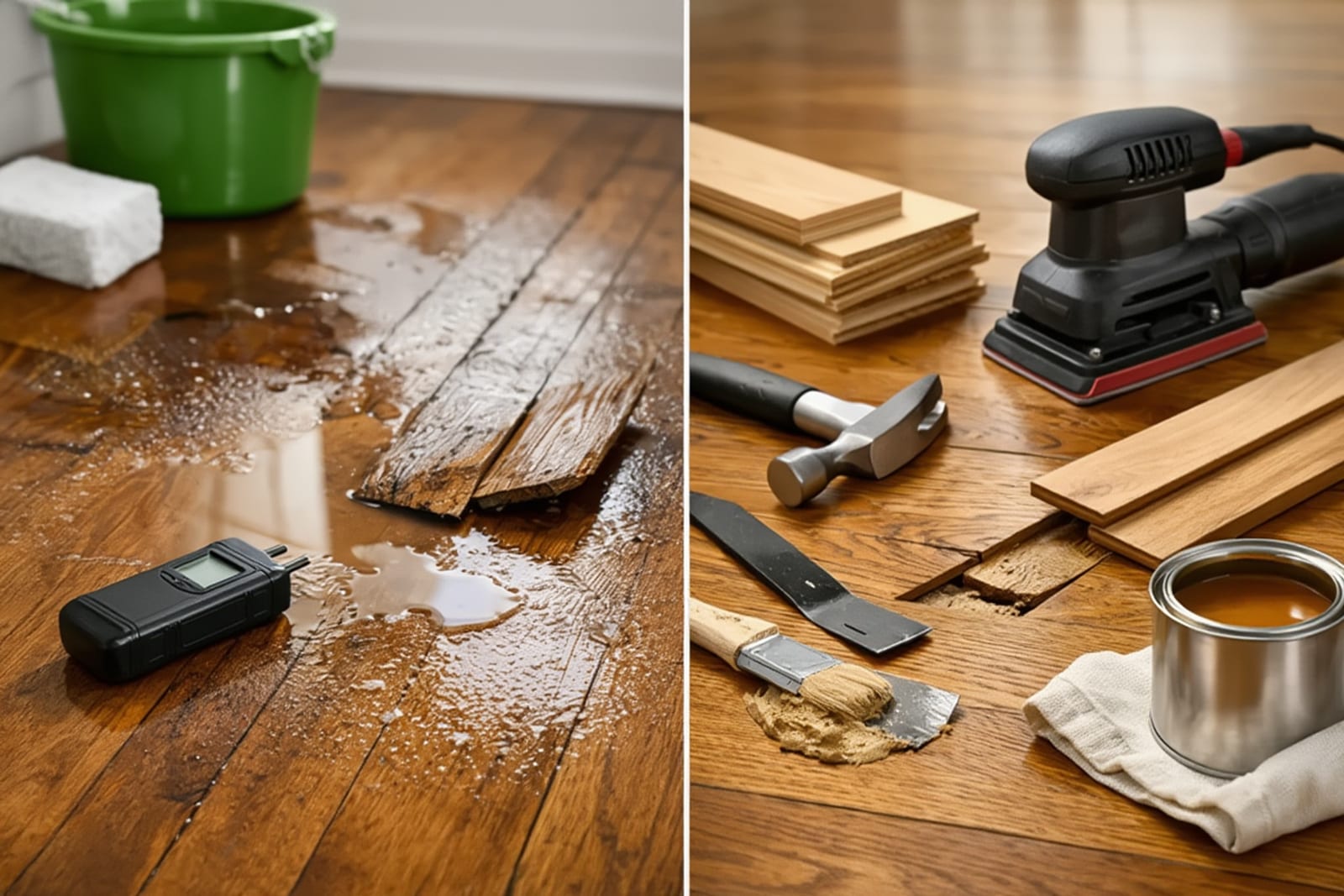 Cupped hardwood floor boards with raised edges showing water damage ripple pattern