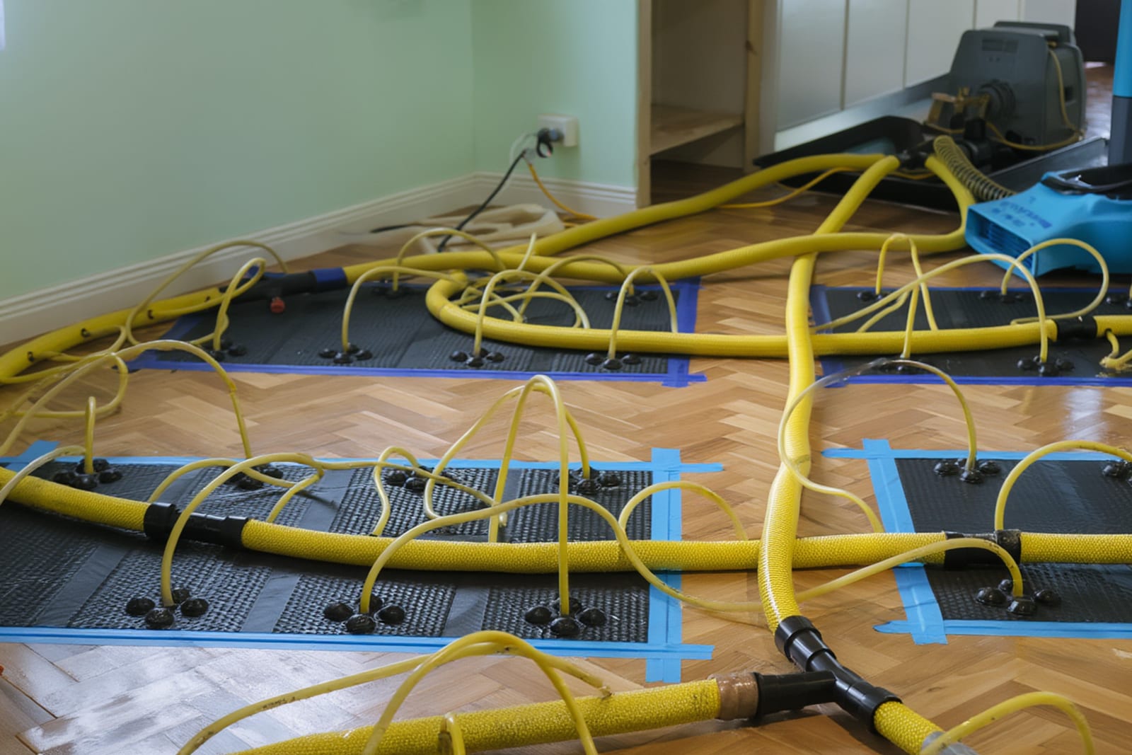Weighted drying mats on hardwood floor with professional drying equipment during water damage restoration