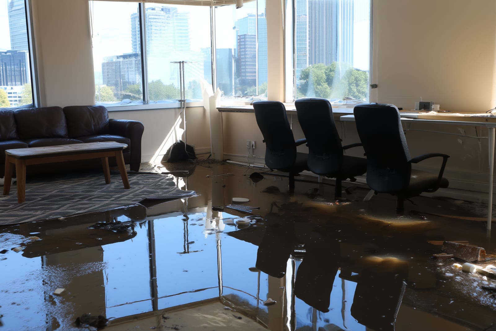 Homeowner photographing water-damaged walls and flooring with smartphone before cleanup begins for insurance documentation