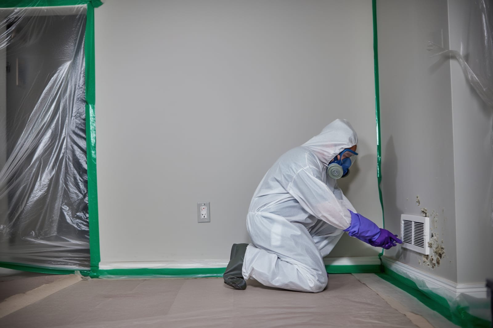 Mold remediation containment barriers and HEPA air scrubber set up in Austin home