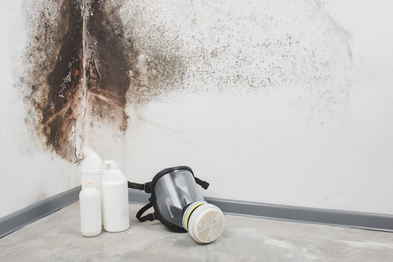 Technician in protective gear removing mold-contaminated drywall during remediation in Austin home