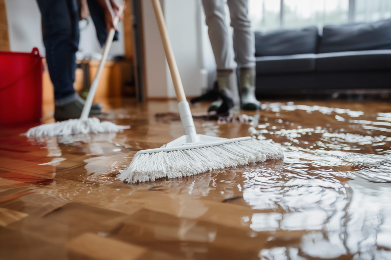 Water extraction equipment removing standing water from flooded room