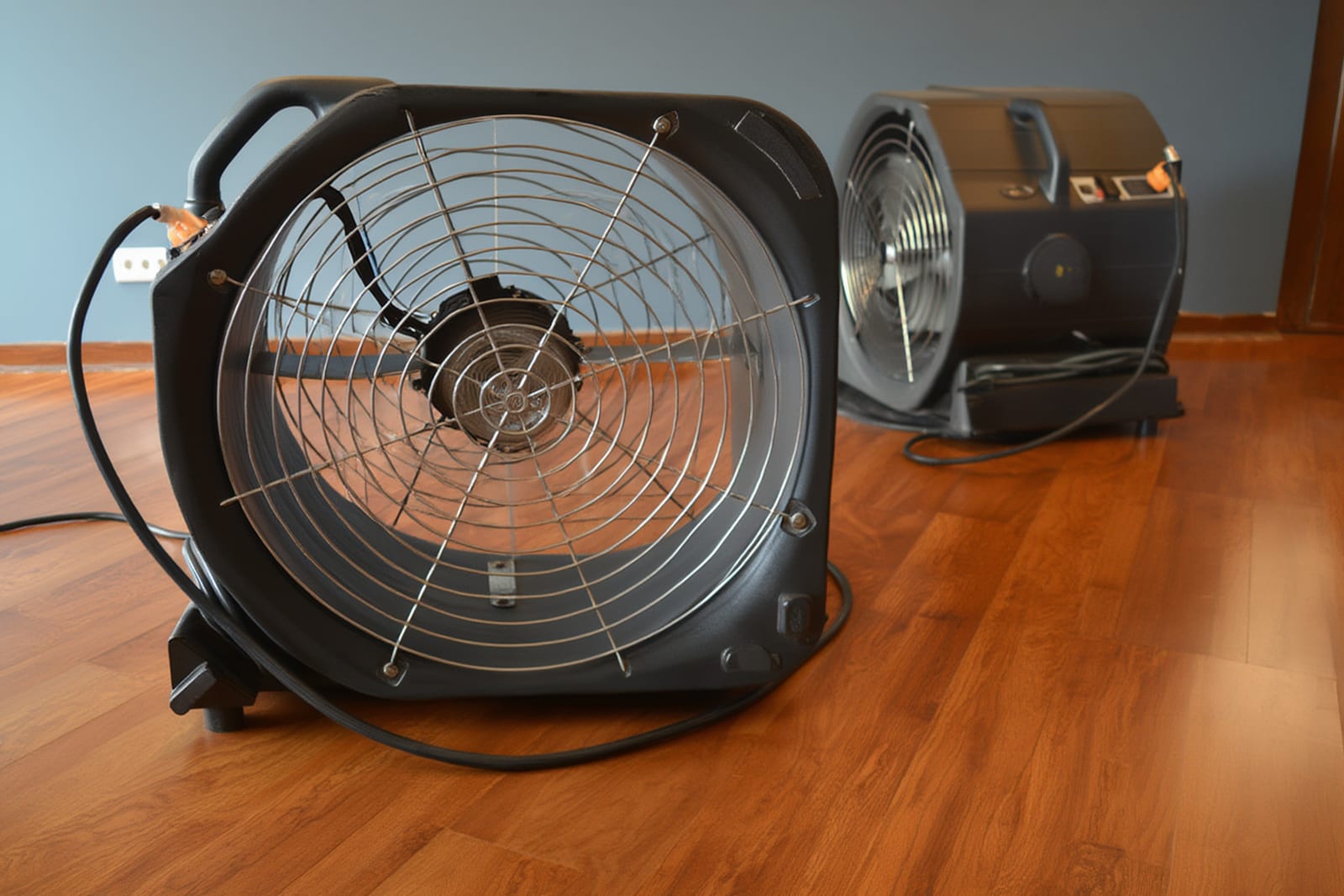 Dehumidifiers and air movers set up for structural drying