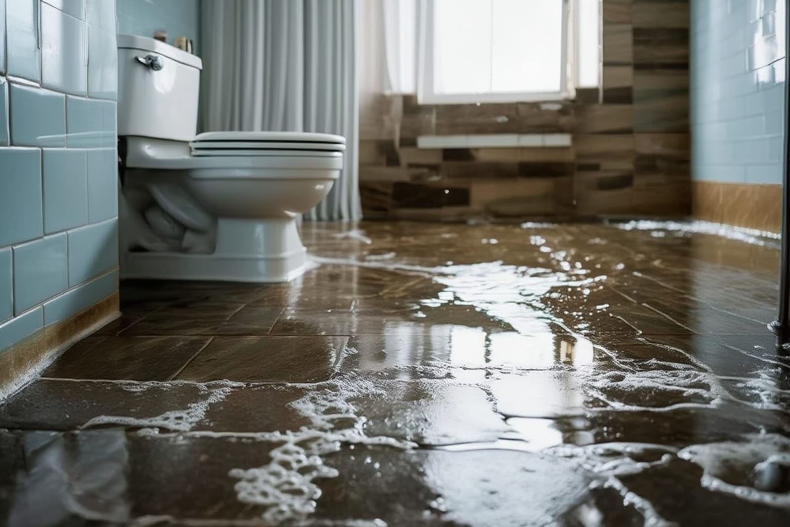 Restoration technician putting on full PPE before sewage cleanup — Tyvek suit, respirator, and gloves