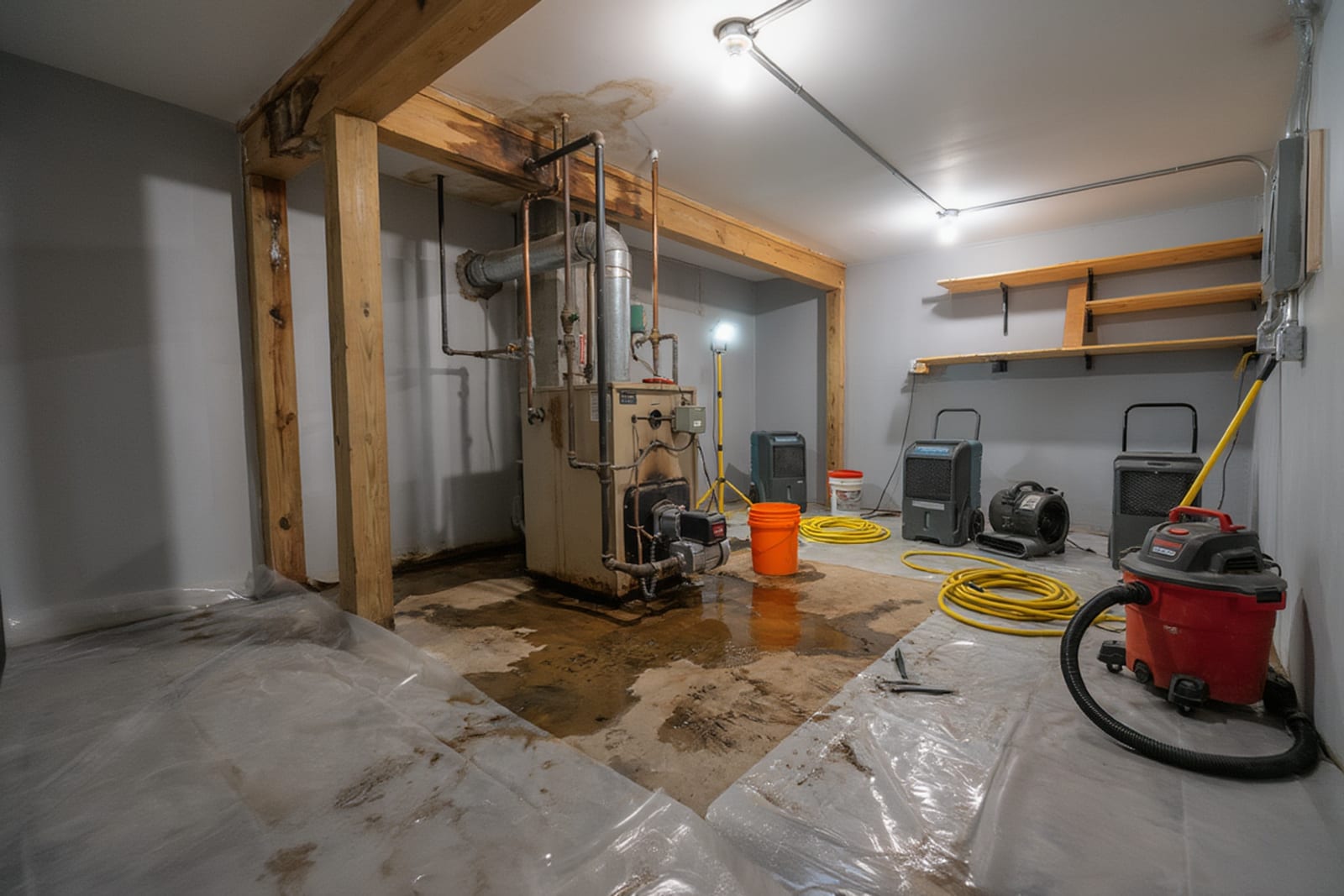 Restoration crew removing and bagging contaminated drywall and flooring after a sewage backup event