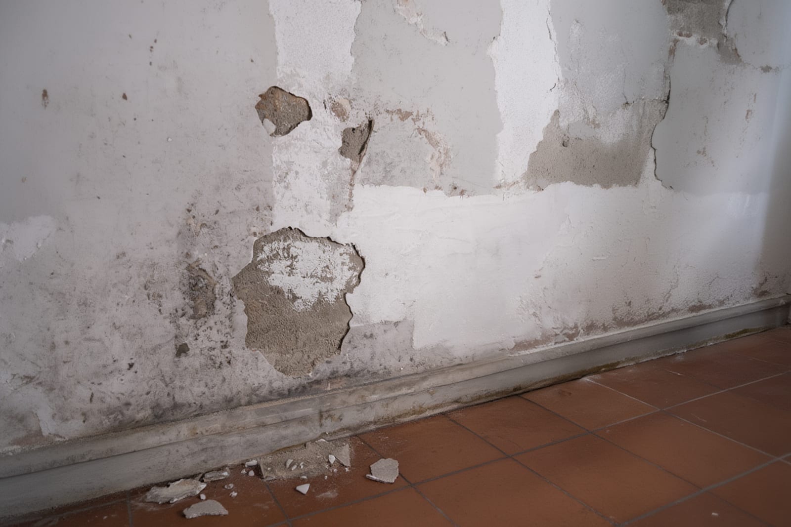 Paint peeling and bubbling on a wall due to moisture trapped behind the surface