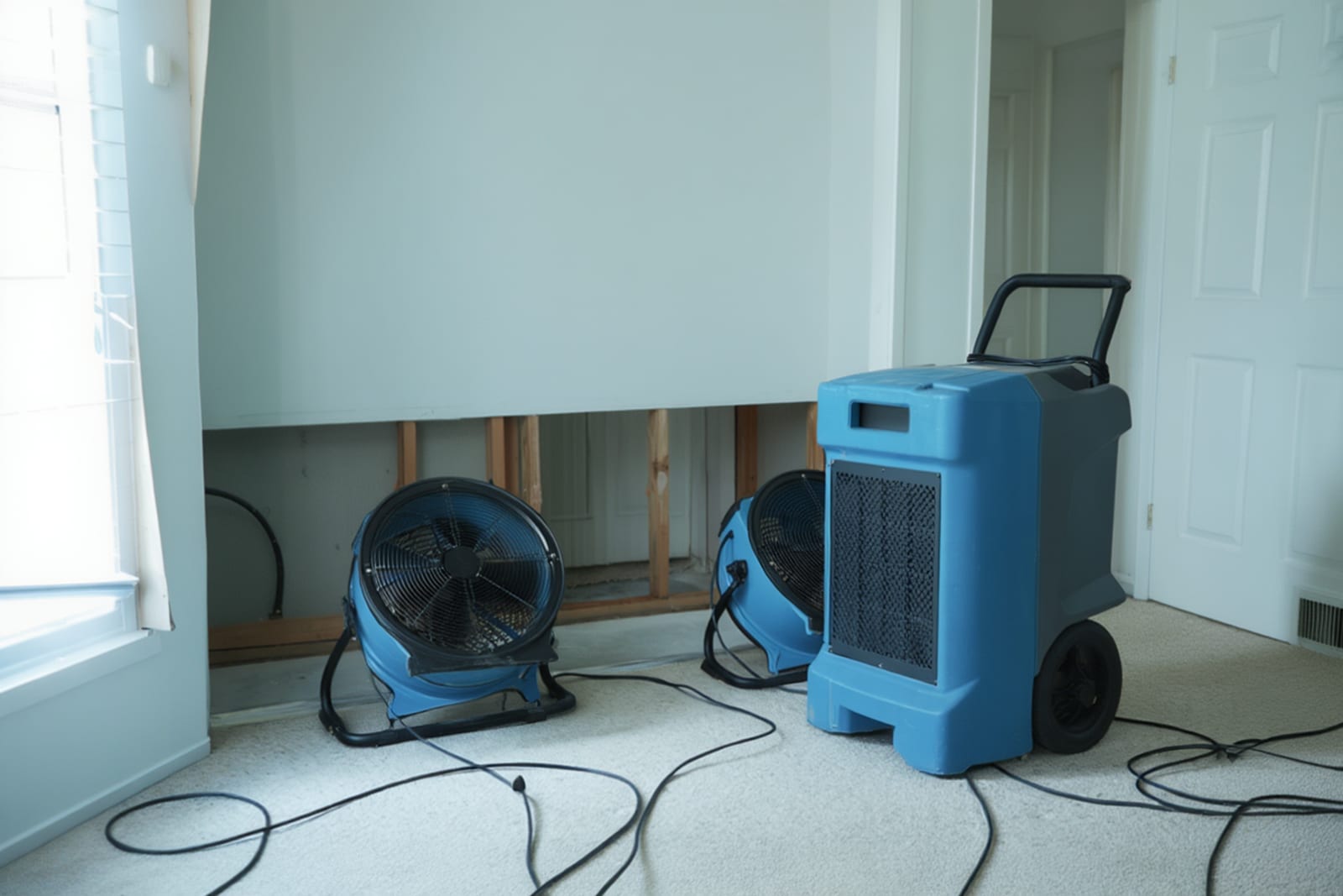 Air movers and dehumidifier set up for structural drying after water damage in Austin home
