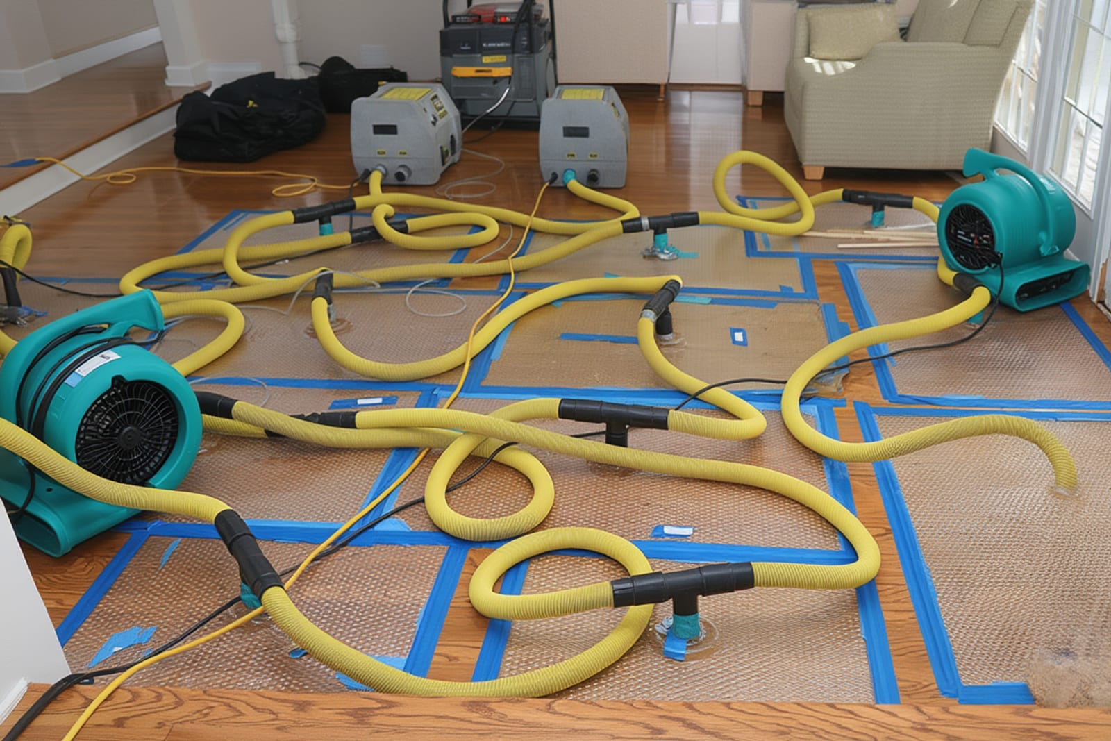 Technician using thermal imaging camera to detect hidden moisture behind wall during structural drying