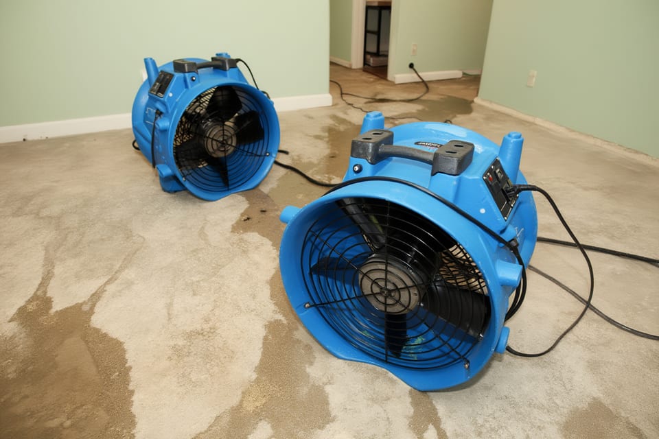 Industrial dehumidifier and air movers set up for structural drying in Austin home