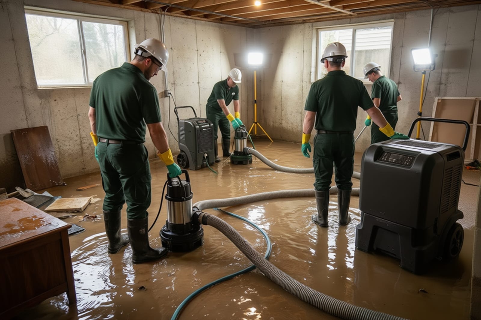 Truck-mounted water extractor with hoses deployed at a residential property in Austin
