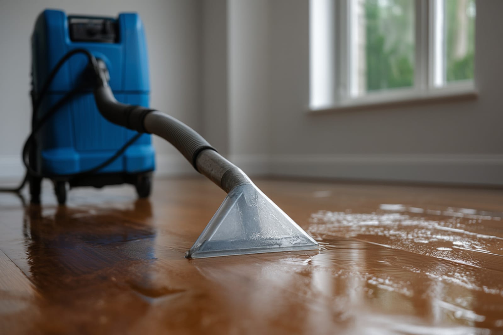 Technician using portable extraction equipment on wet carpet during water removal service